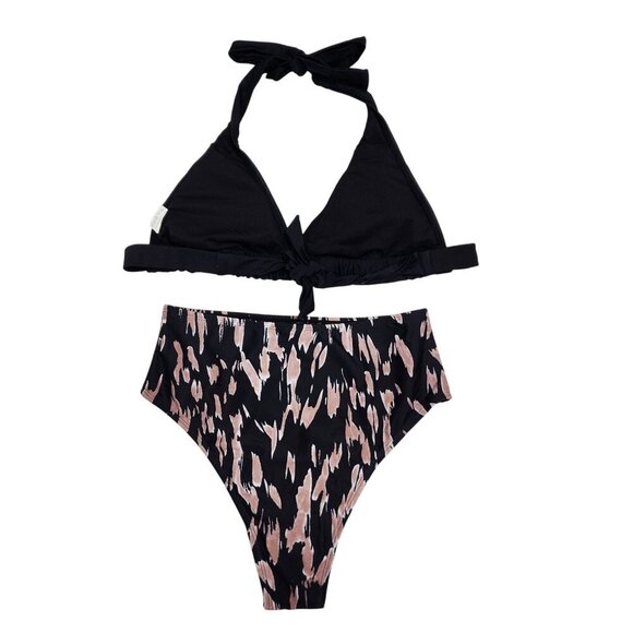 Black Halter Bikini Set High-Waisted Printed Bottoms Size M Swimwear Women - Picture 2 of 7
